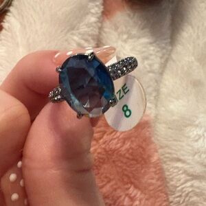 Elegant Blue Oval Crystal Ring with Pave Band - Size 8